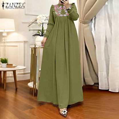 2025 Autumn Muslim Dresses Abaya ZANZEA Women Elegant Long Sleeeve Floral Dress Dubai Robe IsIamic Clothing Maxi Long Sundress.