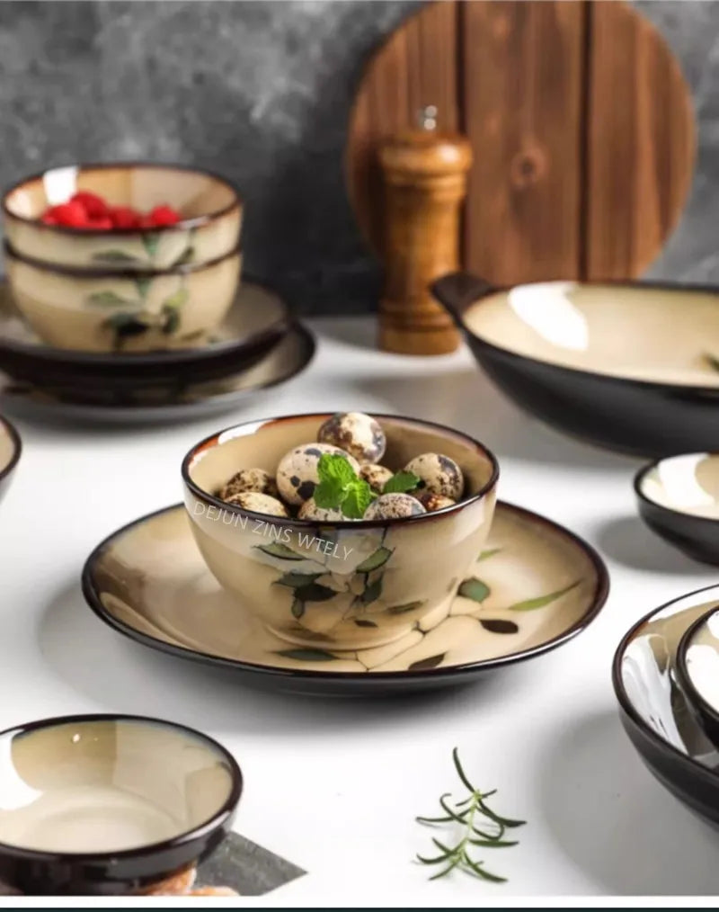 1Pc Vintage Bamboo Leaf Ceramic Bowl Salad Plate Exquisite Ceramic Cutlery Household Noodle Bowl Western Steak Cake Sushi Plate.