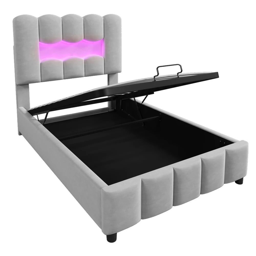 Modernes Polsterbett, 90 x 200 cm, ohne Matratze, LED-Beleuchtung, mit hydraulischem Gerät, verstellbarer Kopfteil, Samt, Grau