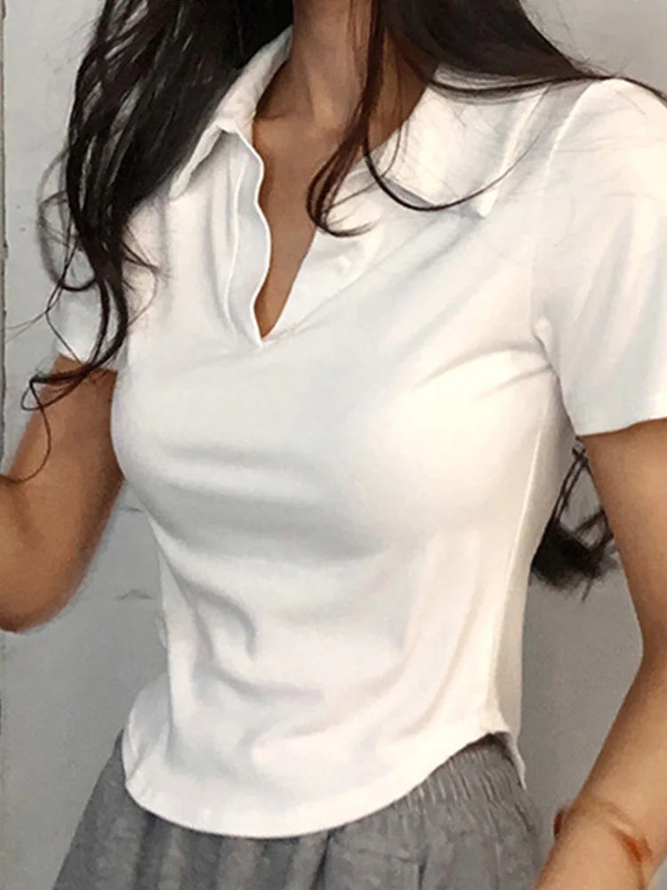 Summer Short Sleeve Lapel Top Women'S Solid V-Neck Pullovers Retro Sweet Shirts Hot Girl Crop Top Female Slim Versatile Tee.