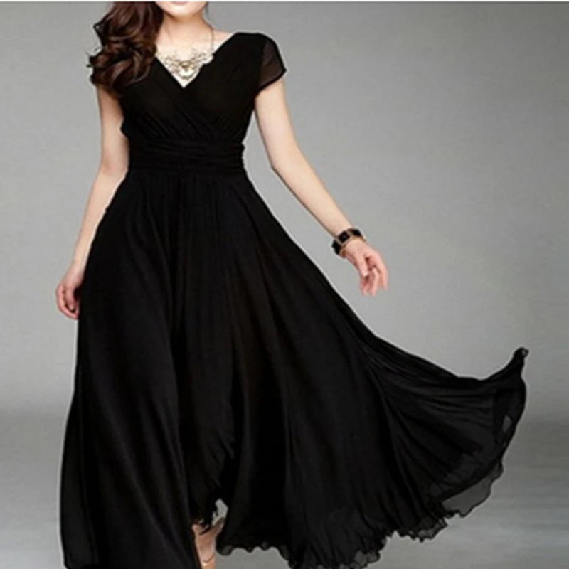 Boho Stil V-ausschnitt Kurzarm Chiffon Kleid Frauen Einfache Feste Hohe Taille Lange Robe Elegante Temperament Abend Party Kleid Neue.