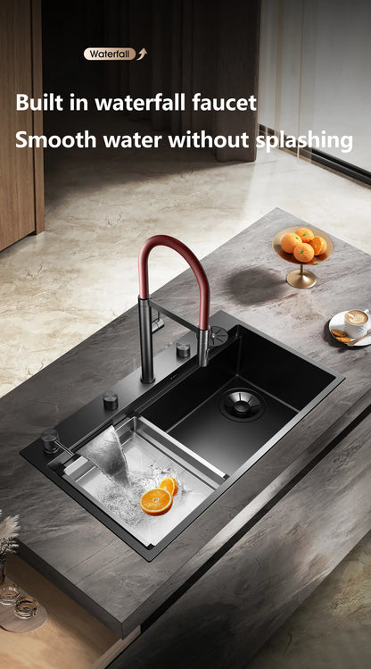 ASRAS large kitchen stainless steel nano sink with built-in waterfall faucet and large drainage outlet design