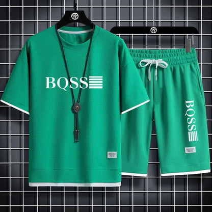 Summer fitness jogging loose sportwear set men's solid color short-sleeved casual T-shirt + shorts breathable two-piece set.