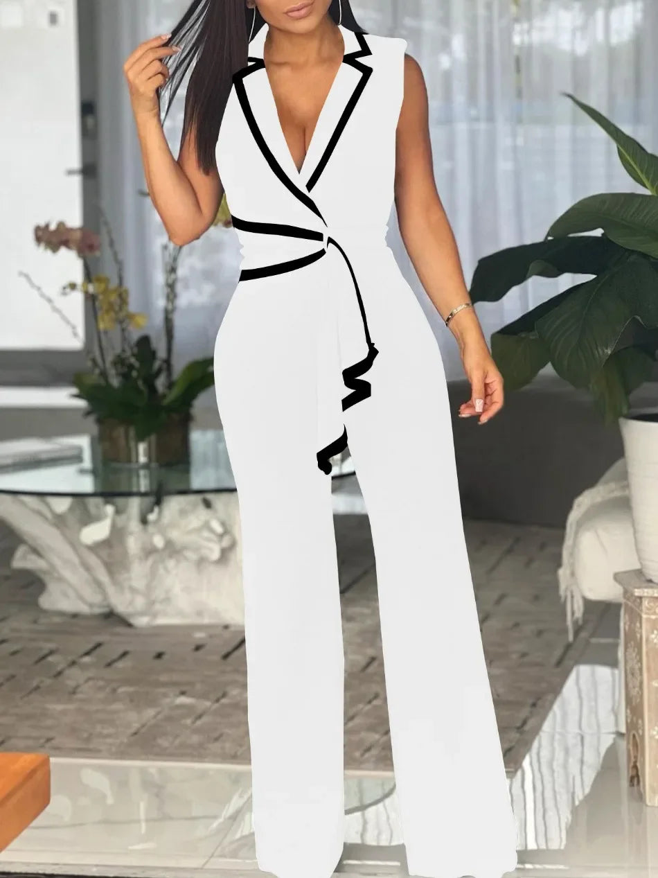 Women's Overalls Outfits Full Length New Fashion 2025 Summer V Neck Elegant Sleeveless Office Lady Jumpsuit Wide Leg Pants.