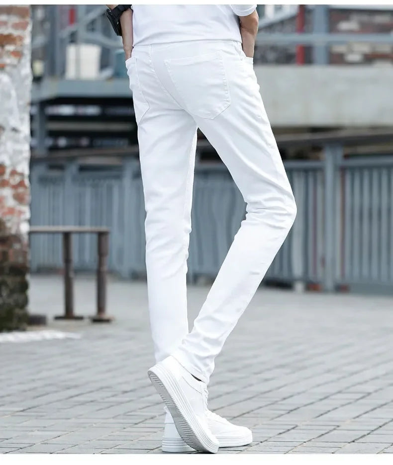 Pure White Jeans Men's Elastic Korean Style Slim Fit Youth Slimming Straight Leg Business Casual Middle Age High End Pants.