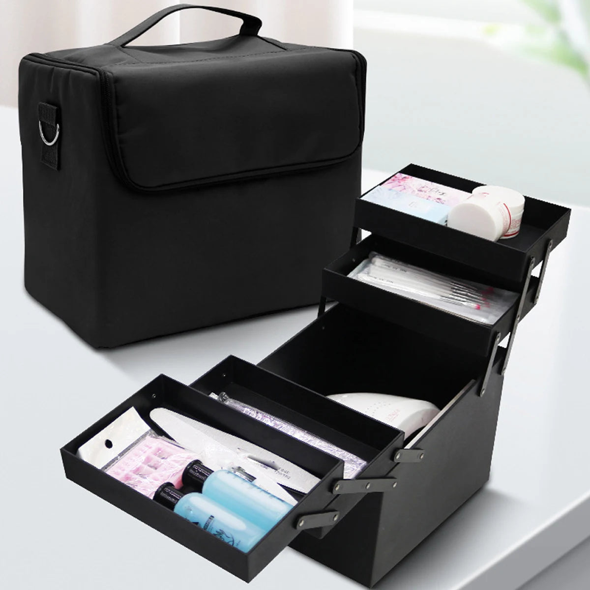 Folding Manicurist Toolbox Portable Cosmetic Bag Travel Makeup Case.