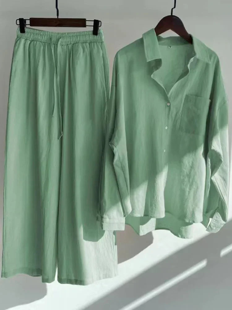 Pants Set Women Shirts Wide Leg Elastic Waist Cotton Linen Casual Sets Elegant Loose Long Sleeve Lapel Spring Shirt Y2k Suit