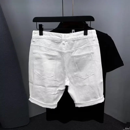New Men's Denim Shorts Trendy Solid Color Ripped Slim Fit High Waist Elastic Waist Breathable Quick Dry Cotton Pants.
