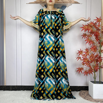 New Muslim Dress Woman Short Sleeve Dashiki African Abaya Tie-dyed Printing Cotton Loose Femme Robe Islamic Dresses With Scarf