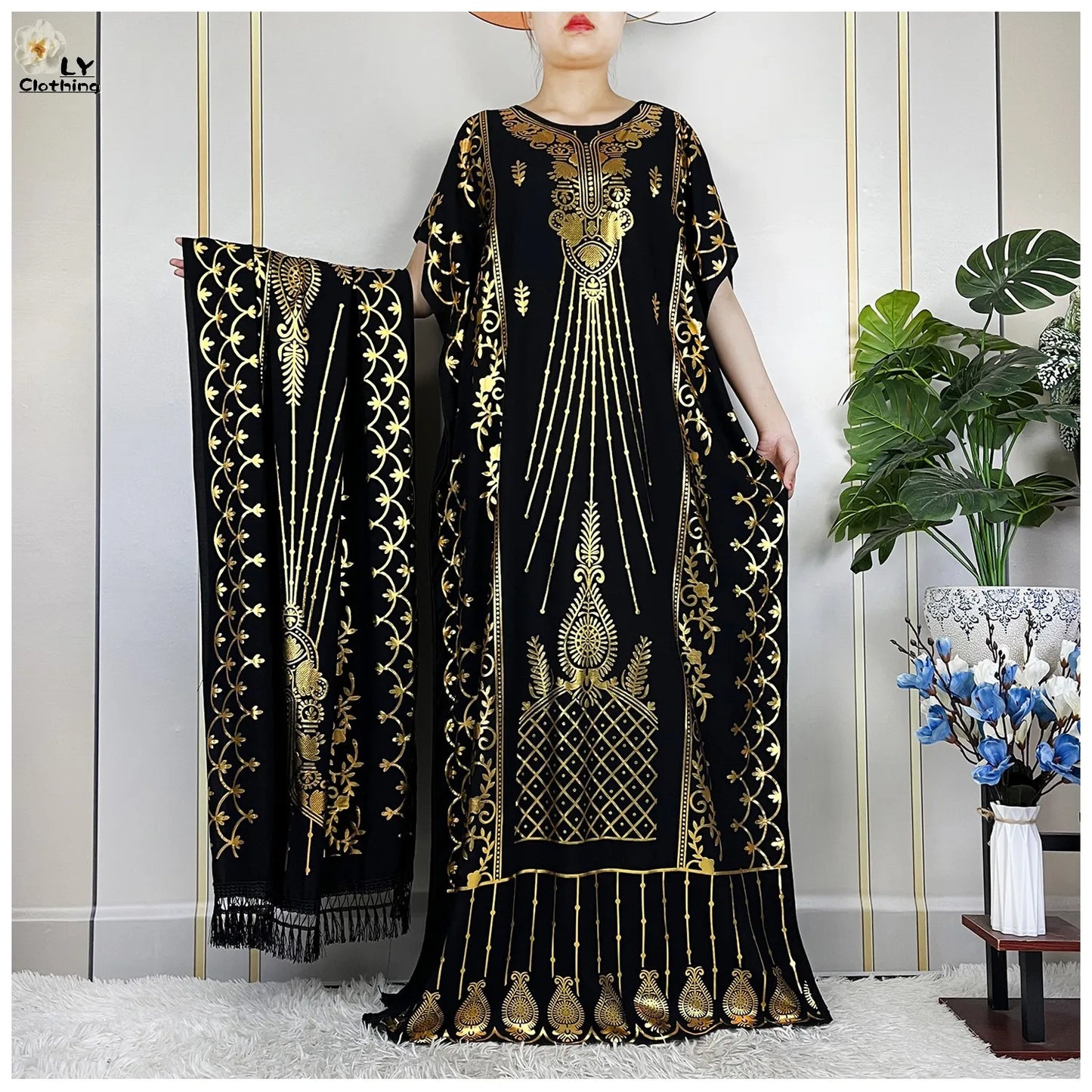 2023 New Muslim Summer Short Sleeve Robe Gold Stamping Boubou Maxi Women Femme Loose Dress With Big Scarf African Abaya Clothes.