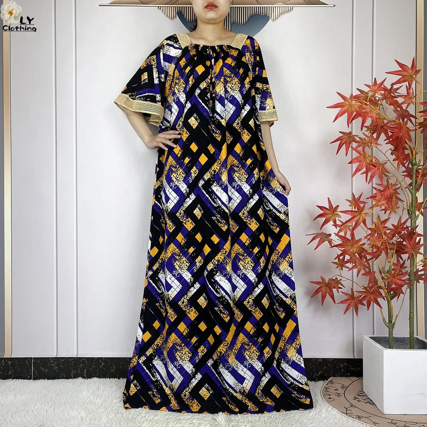 New Muslim Dress Woman Short Sleeve Dashiki African Abaya Tie-dyed Printing Cotton Loose Femme Robe Islamic Dresses With Scarf