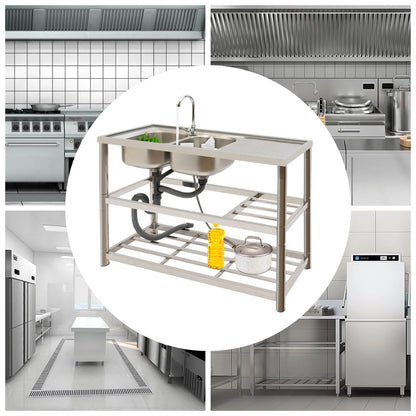 Freistehende Edelstahl Doppels ch üssel gewerbliche Küchen spüle Set mit Wasserhahn Abtropffläche mit/Werkbank & Doppel regale