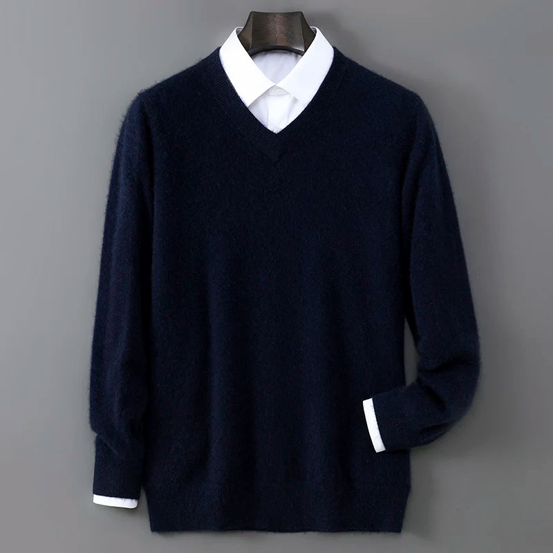 2025 Autumn Winter New Men's Wool Sweater Solid Color V-Neck Pullover Sweater Casual Loose Business Knit Plus Size Base Sweaters