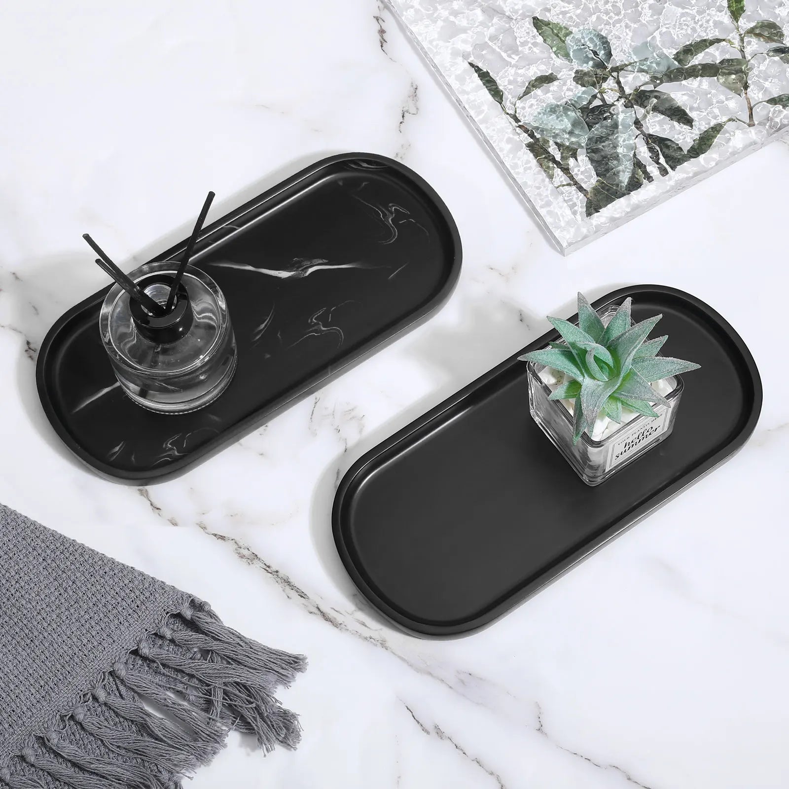 Bathroom Vanity Tray Oval Soap Dispenser Tray 10" Marble Kitchen Counter Trays Resin Bathroom Tray for Counter Toilet Tank Tray.