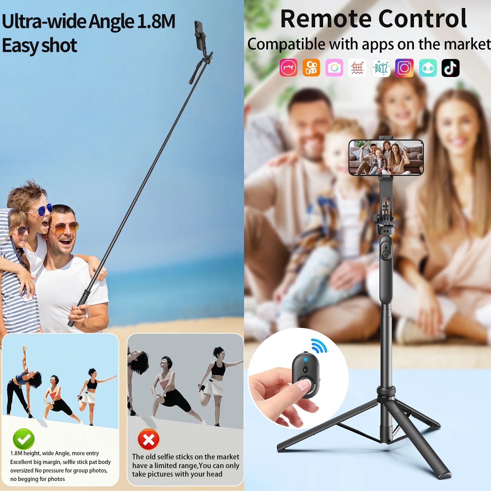 Wireless Selfie Stick Tripod Stand with Remote 1.8m Extendable Tripod Selfie Stick for iPhone Phone Camera Tiktok Video Vlogs.