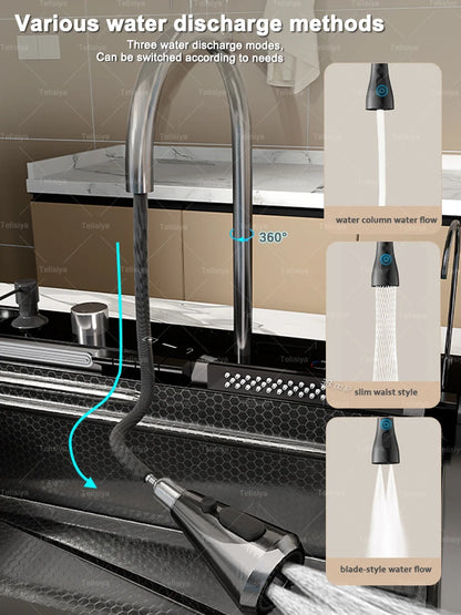 Stainless Steel Kitchen Sink Multifunctional Digital Display Dishwash Sinks Waterfall Large Single Slot Wash Vegetables Basin