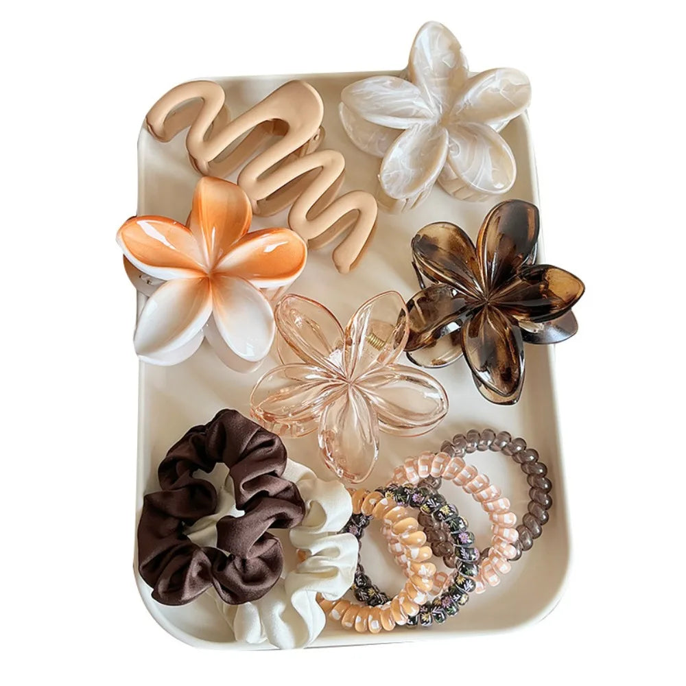 11pcs/Set Fashion Plumeria Hawaiian Hair Clamps Set Colorful Elastic Flowers Hair Clips Rubber Band Hair Rope Hair Accessories.