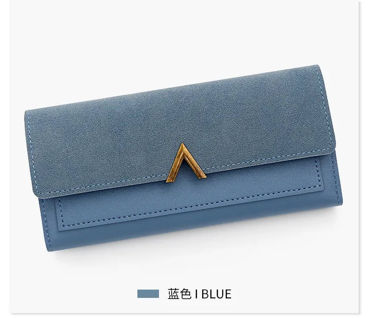 New Korean version women's wallet long V-shaped buckle three fold wallet for women, hand-held bag, change card bag.