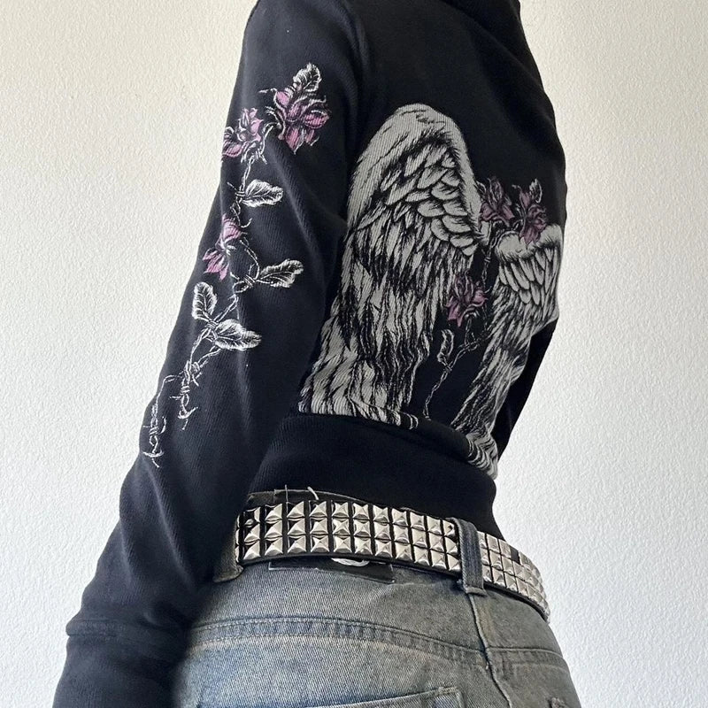 00s Aesthetic Vintage Jacket Y2k Grunge Zip Up Sweatshirt Flower Wings Print Slim Fit Hoodies E-girl Gothic Cool Street Outwear.
