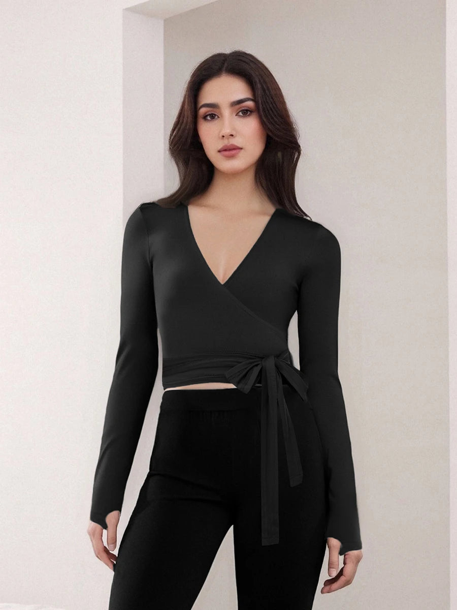 Solid Color Tie-Up Front V-Neck Long Sleeve Bottoming Shirt Women Fitness Yoga T-Shirts Seamless Workout Tops.