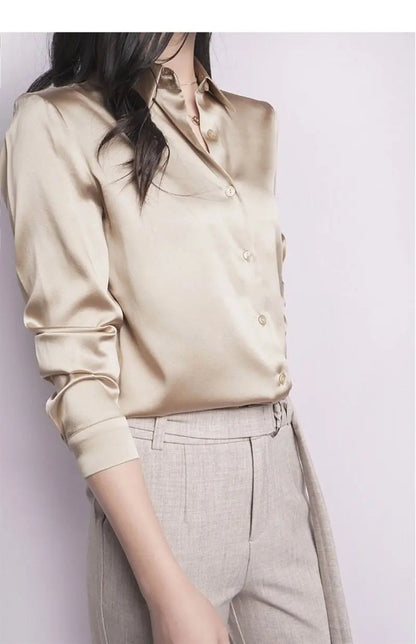 Spring Summer Casual Women's Satin Shirt Lapel Long Sleeve Blouse Loose Solid Color Office Lady Fashion Shirts Top.