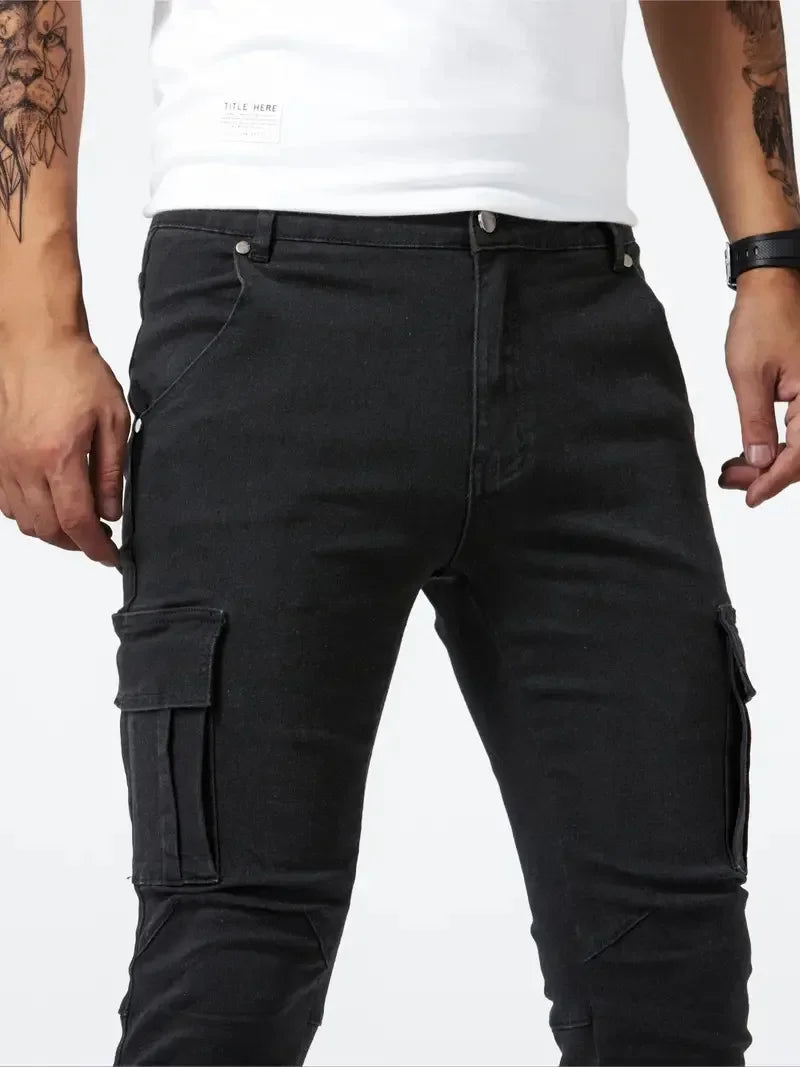 Street Elastic Jeans Men Denim Cargo Pants Wash Solid Color Multi Pockets Casual Mid Waist Trousers Slim Fit Daily Wear Joggers.