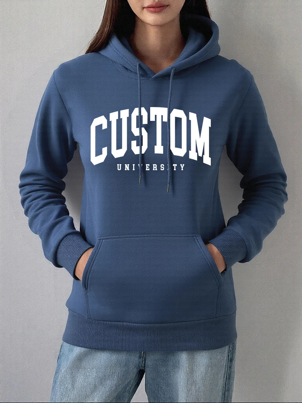 Custom University Printed Hoodies Women Basics Pocket Sweatshirts Autumn Fleece Warm Pullovers Comfortable Casual Womans Clothes.
