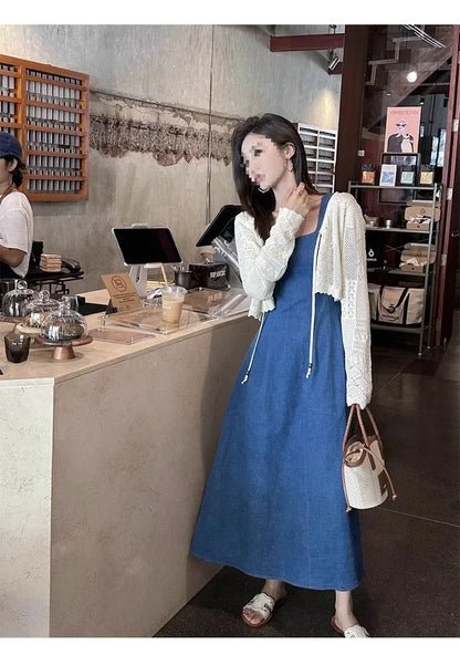 Blue Mist Love Französisches Jeanskleid für Damen, Sommer, einzigartiges Design, Taille, Cinching-Riemen, langes Kleid, elegante blaue Polyesterfaser