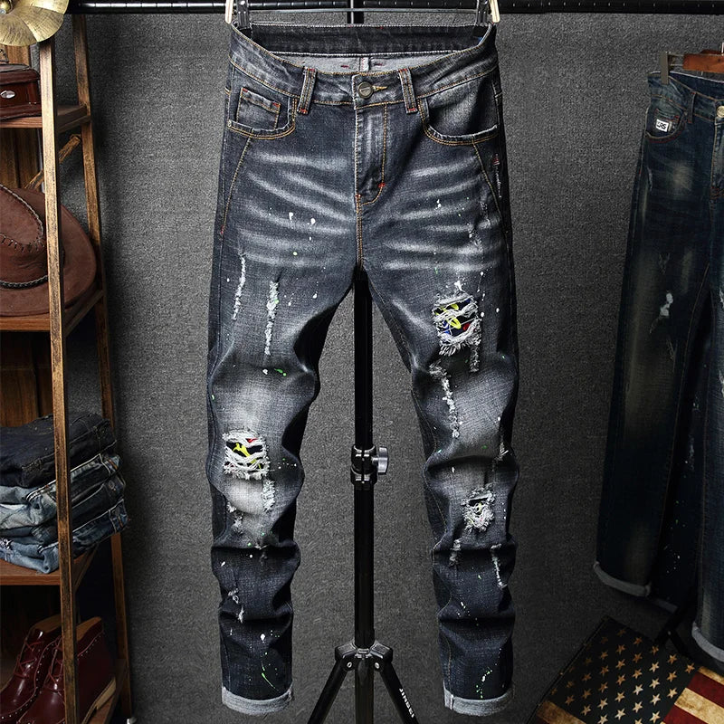Mode Neue Slim Stretch Zerrissene Jeans männer Streetwear Farbe Flecken Denim Hosen Hip Hop Punk Persönlichkeit Loch Männliche Hosen.