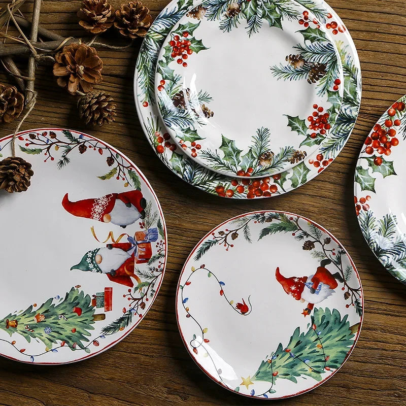 Christmas Ceramic Dinner Plate Set Household Underglaze Flat Round Dim Sum Decorative  Sushi.