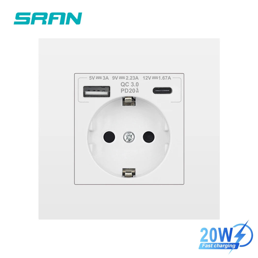 SRAN EU-Standard-Wandsteckdose mit USB und Typ-C 20 W Schnellladung, 5 V/2 A Doppelanschlüssen, 86 x 86 mm flammhemmendes Panel, CE-zertifiziert