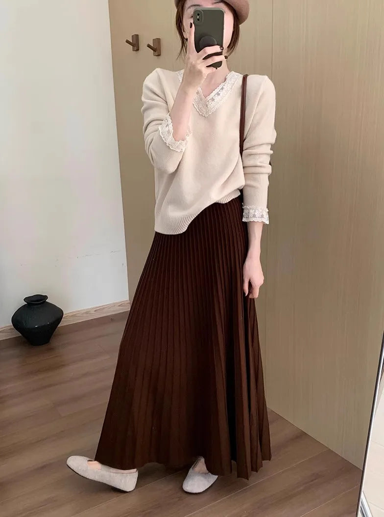 2026 Khaki Cashmere Knitted Midi Skirt for Women, Loose Fit, Draped, Slimming A-Line Pleated Skirt for Autumn and Winter