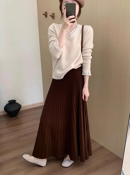 2026 Khaki Cashmere Knitted Midi Skirt for Women, Loose Fit, Draped, Slimming A-Line Pleated Skirt for Autumn and Winter