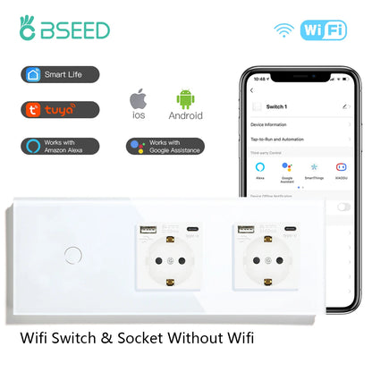 BSEED Wifi Touch Schalter Wand Licht Schalter Mit EU Buchse USB Typ-C Stecker Tuya Smart Leben Alexa Yandex App Steuerung Glas Panel