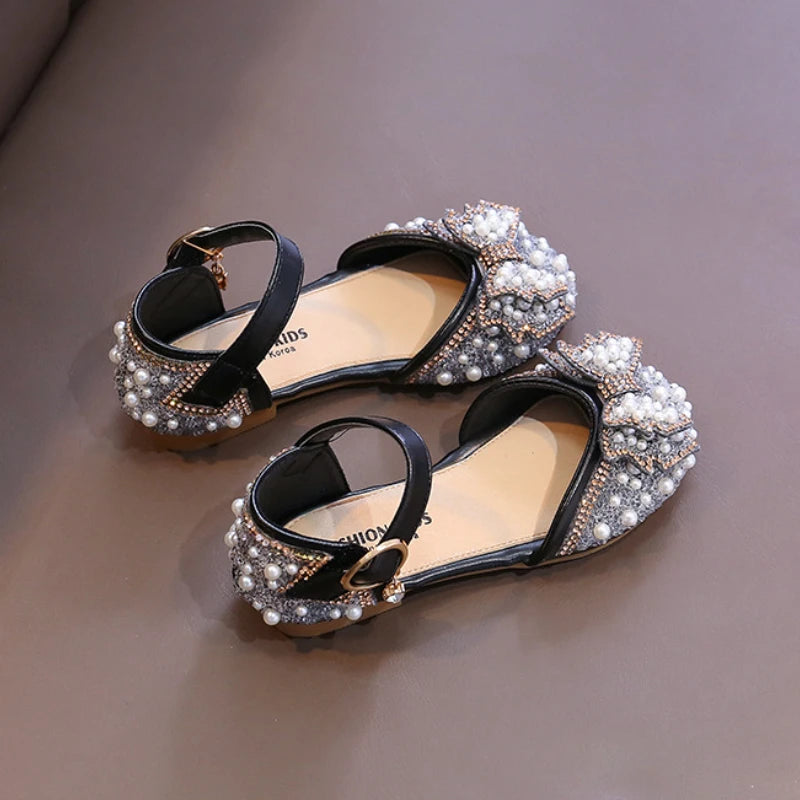 Girls Party Shoes Elegant Rhinestone Fashion Children's Leather Shoes Versatile Sweet Kids Princess Wedding Dress Flats Sandals.