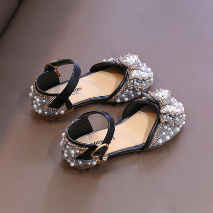 Girls Party Shoes Elegant Rhinestone Fashion Children's Leather Shoes Versatile Sweet Kids Princess Wedding Dress Flats Sandals.