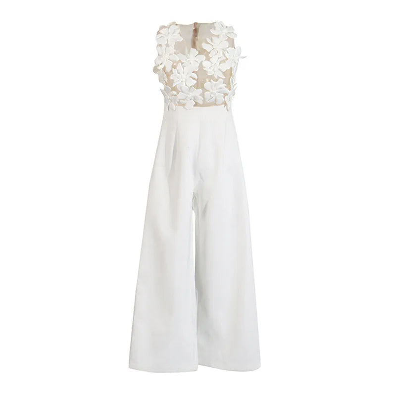 ZMEENNA Elegant White Floral Applique Jumpsuit For Women Sleeveless Wide Leg Romper With Sheer Mesh Top Perfect ZM726.