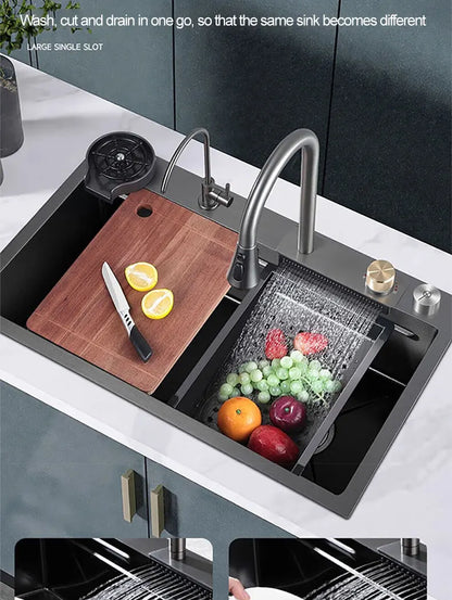 Kitchen Sink 304 Stainless Steel Rain Waterfall Single Trough Honeycomb Large Single Trough Washing Basin