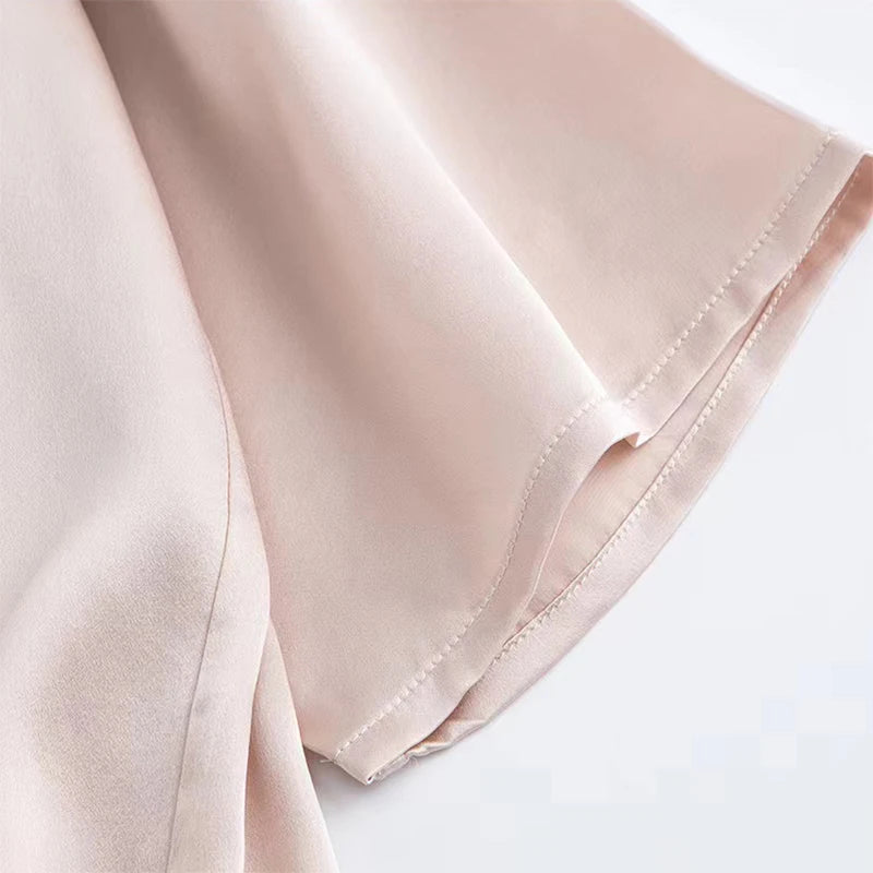 Women 100% Pure Mulberry Silk Charmeuse Silk V Neck Pajama Set Casual Loose Sleepwear Nightwear L XL SQ001.