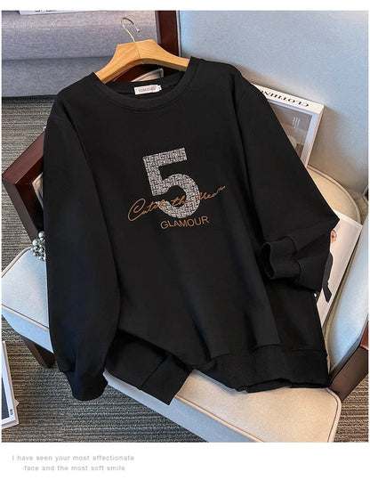 175kg plus size Damen büste Frühling Herbst loser Rundhals ausschnitt bedrucktes Langarm-Sweatshirt schwarz orange 5xl 6xl 7xl 8xl 9xl