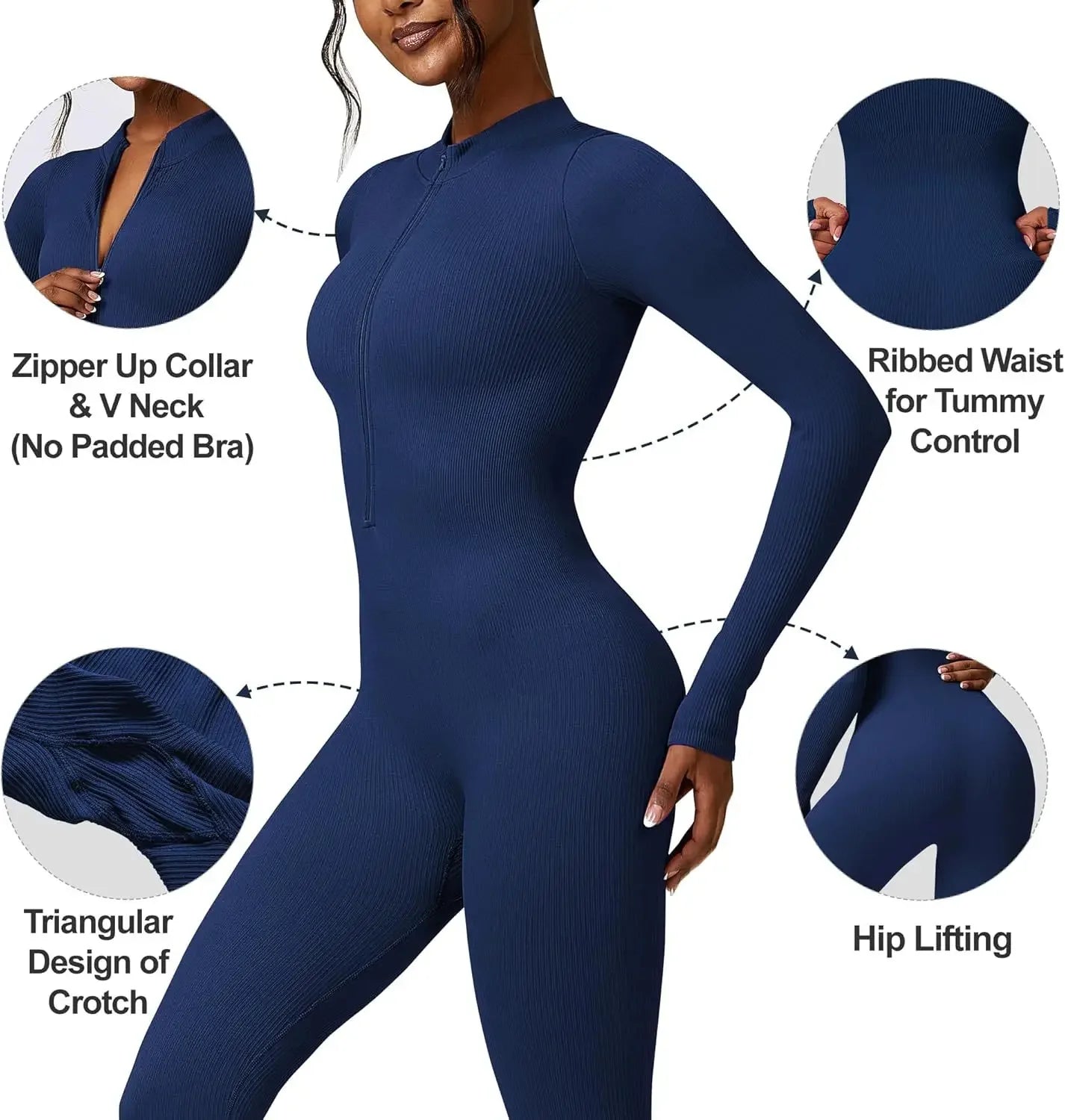 Seamless Long Sleeve Yoga Suit Waist-Fitted Shaping Trousers Casual Sports One-Piece Zippered Fitness Wear.