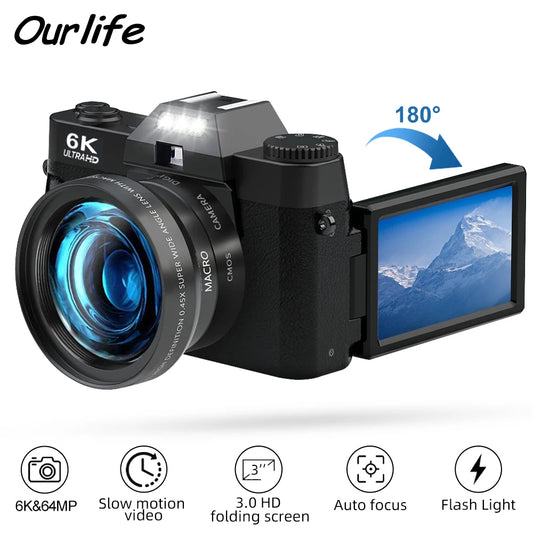 Ourlife 6K Compact Digital Photography Camera 64MP 16X Digital Zoom 180° Flip Screen WiFi Vintage Vlog Video Recorder YouTube.