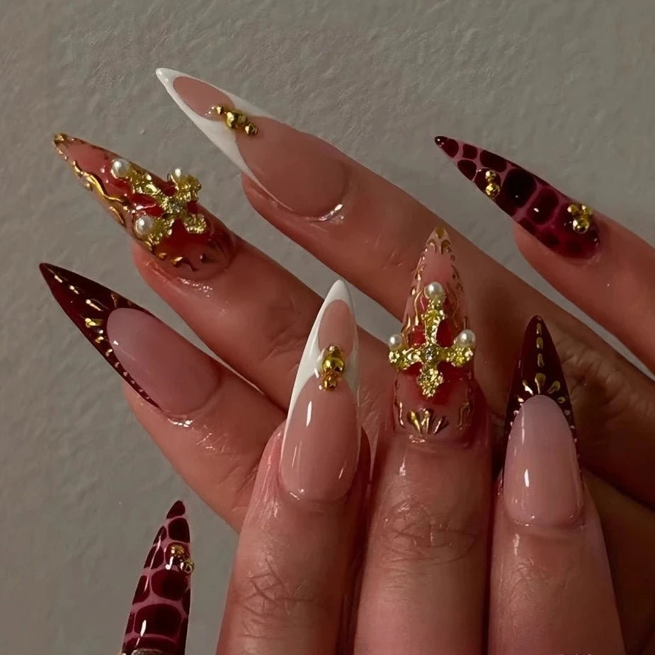 24Pcs Short Almond Fake Nails Butterfly Wings Nail Art with Glue Glitter Flower False Nails Acrylic Autumn Winter Press on Nail