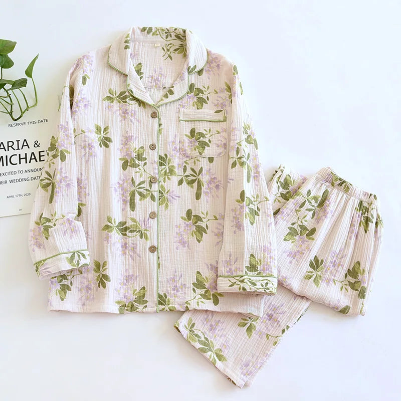 2025 neue Frühjahr/Sommer frauen Pyjama Set 100% Baumwolle Crepe Nette Liebe Langarm Lange Hosen Zwei Stück set Strickjacke Hause Kleidung