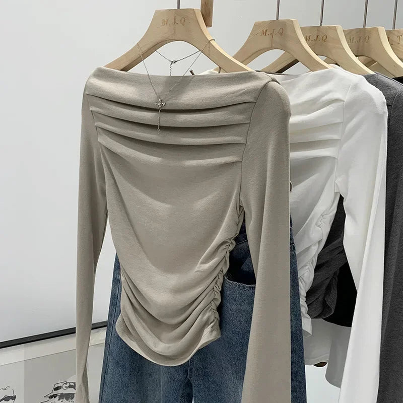 Spicy Girl Style One-Collar Ruffles Cropped Long Sleeve T-Shirt Women's Autumn/Winter New Arrival Base Layer Sweatshirt.