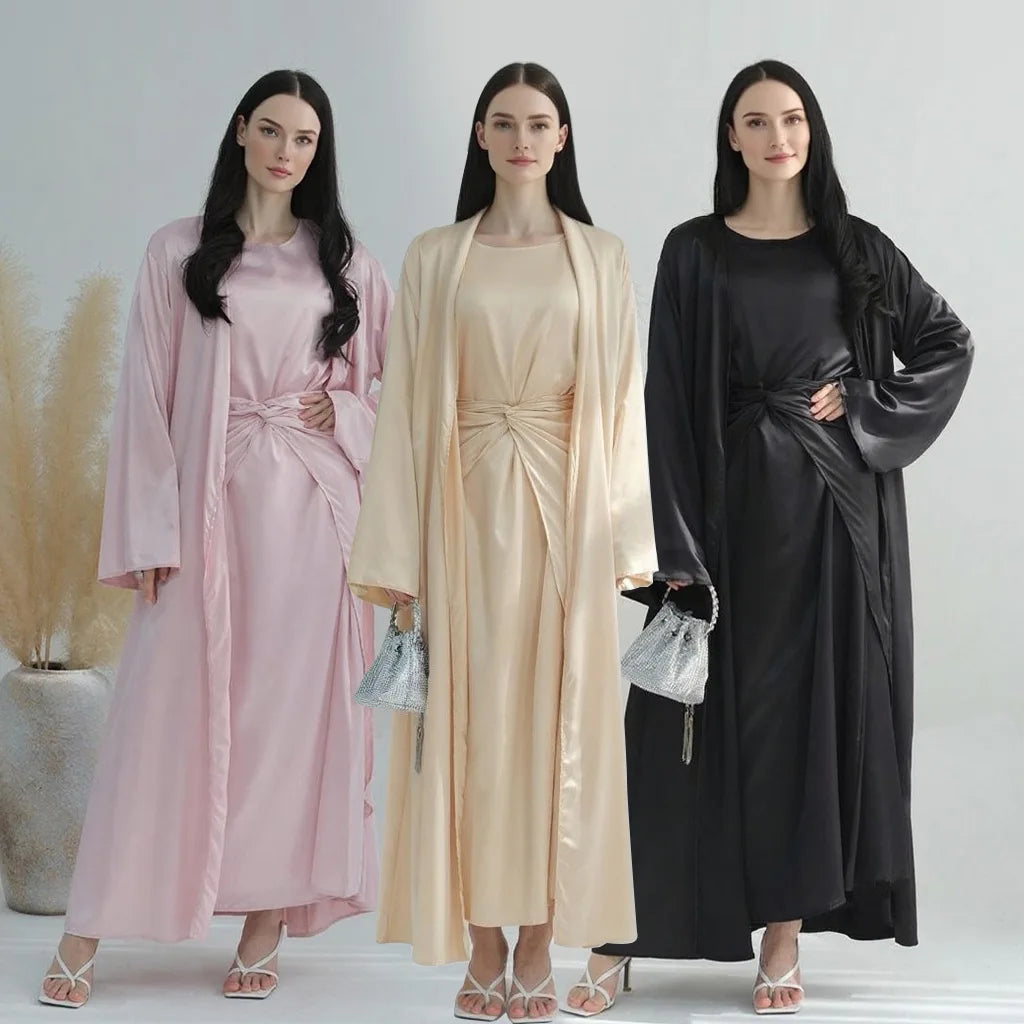 Middle Eastern 3-Piece Islamic Clothing Set for Women Ramadan Dubai Modest Abaya Muslim Hijab Dress 2025 Plain Turkey Kaftan.