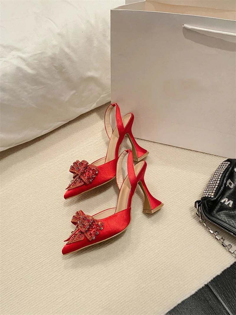 Liyke Spring Summer Fashion Rhinestone Bowknot Women Pumps Sexy Silk Pointed Toe Strange High Heels Party Prom Shoes Gold Silver.