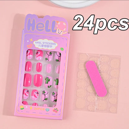 120pcs/box Pink Cartoon Children Press On Nails Candy Color Unicorn Cat Bunny Kids Full Cover False Nail Girls Party Nail Decora