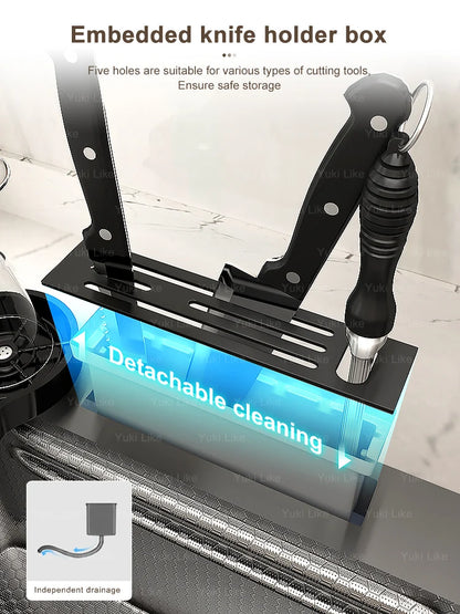 Stainless Steel Kitchen Sink Embossed Large Single-Slot With Kitchen Faucet Multifunctional Washbasin for Apartment