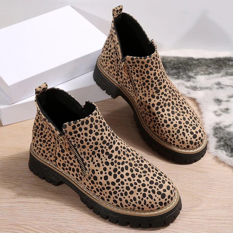 Fashion Leopard Ankle Boots for Women Plus Size 36-43 Zipper Up Booties Woman Spring Autumn Non Slip Platform Boots Mujer.